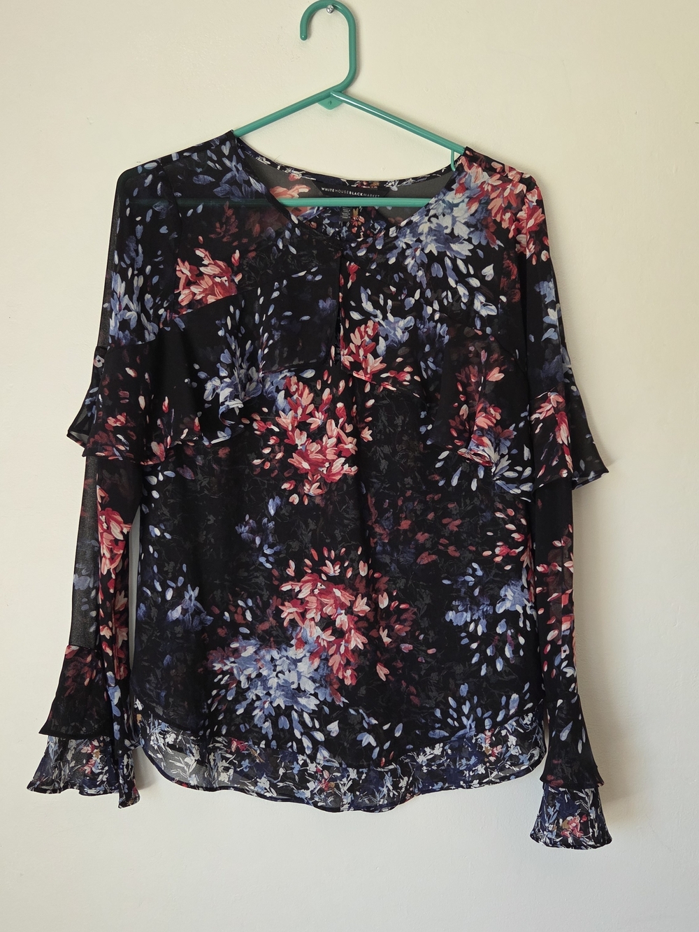 White House Black Market Sheer Floral Print ruffle chiffon Blouse Sz 6